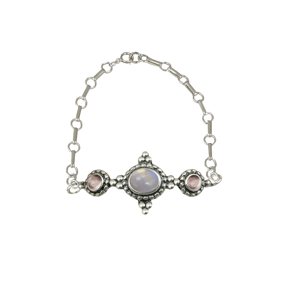 Sterling Silver Gemstone Adjustable Chain Bracelet With Rainbow Moonstone And Rose Quartz